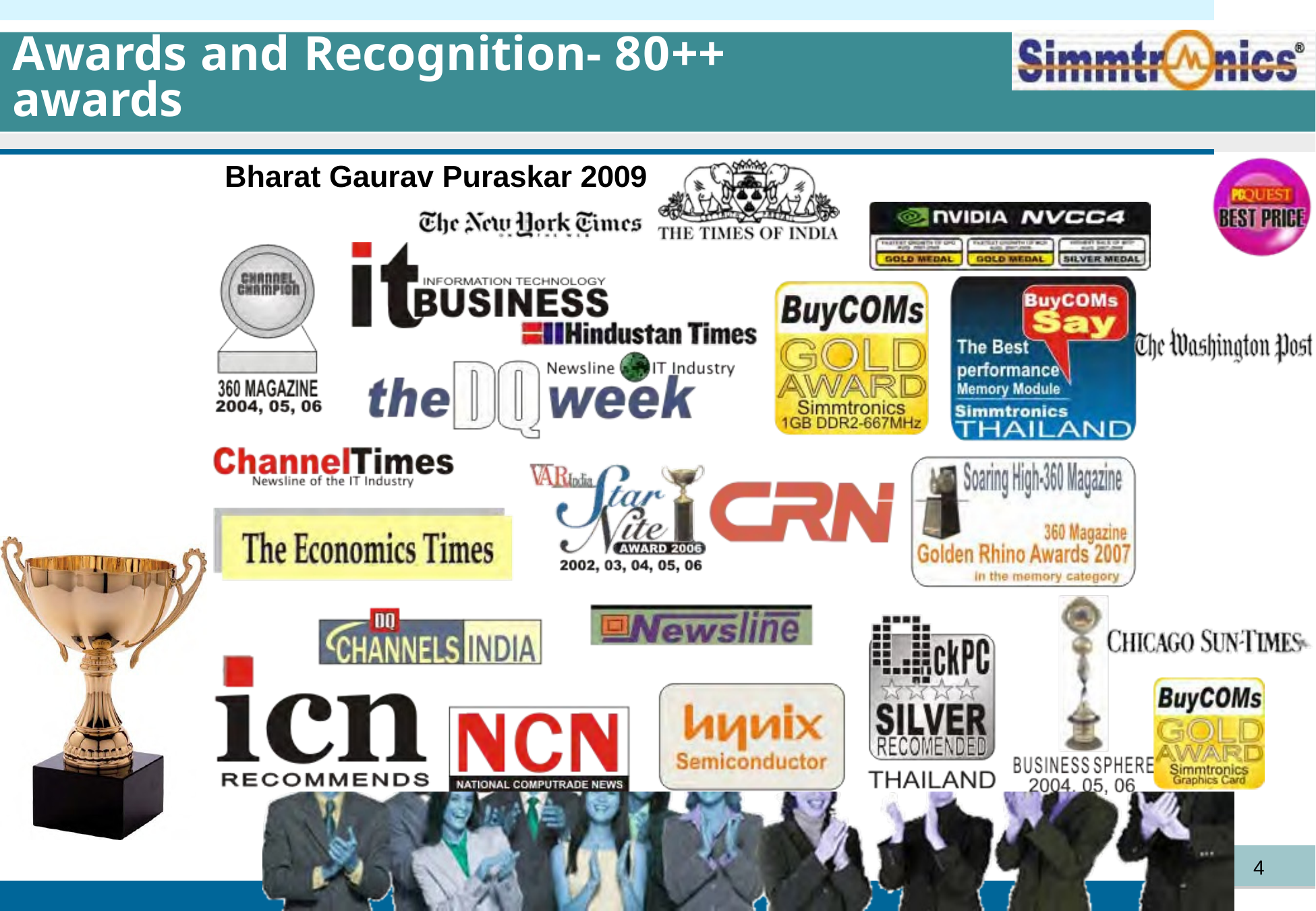 Complete Simmtronics Awards and Recognition slide showing 80++ awards, Bharat Gaurav Puraskar 2009, 360 Magazine Channel Champion, The New York Times, The Times of India, NVIDIA NVCC4 medals, PCQuest Best Price, IT Business, Hindustan Times, the DQ Week, BuyCOMS Gold Award, BuyCOMS Say Best Performance Memory Module Thailand, The Washington Post, ChannelTimes, VAR India Star Nite Award, CRN, 360 Magazine Golden Rhino Awards 2007, The Economics Times, DQ Channels India, Newsline, ICN Recommends, NCN, Hynix Semiconductor, ckPC Silver Recommended Thailand, Business Sphere, Chicago Sun-Times, BuyCOMS Gold Award, trophy and recognition imagery.