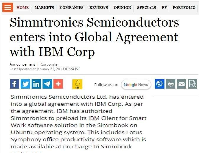 Business Standard Simmtronics IBM article
